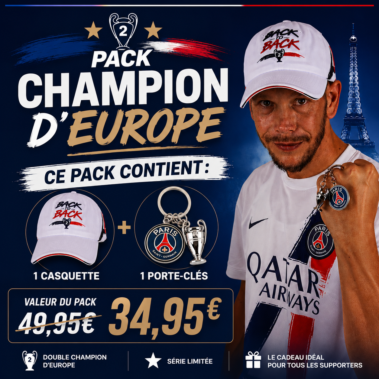 Pack Champion d’Europe – Casquette Back to Back + Porte-clé Collector 🔴🔵